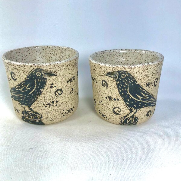 Handmade Pottery, Handmade Stoneware Cup, Set, Hand Painted, Ceramic Espresso Cup, Raven, 40th  Birthday Gift, Daughter Gift