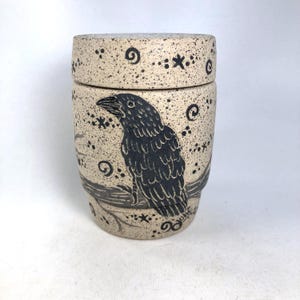 Handmade Stoneware Tea Jar, Hand Painted, Lidded Raven Pottery, Sgraffito Ceramic Pot