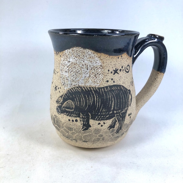 Artisan Pottery Mug, Hand Thrown Pottery, Handmade Stoneware Mug, Hand Painted, Ceramic Mug, Pig, Moon, 60th Birthday Gift, Best Friend Gift