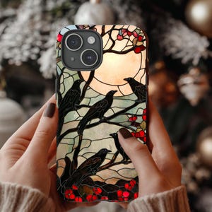 Gothic raven phone case Stained glass design phone case Moon night design case Stained glass illusion print tough phone case magsafe case