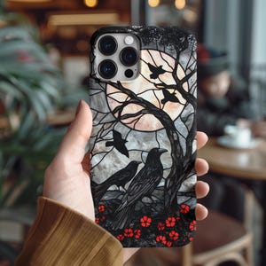 Stained Glass Raven iPhone 16 Phone Case Gothic floral raven phone case Moon night design case Stained glass illusion print tough phone case