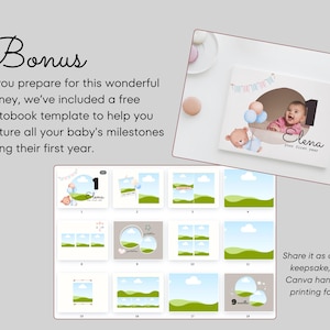 May include: A photobook template with a blue, green and white colour scheme. The template features a baby in a hot air balloon with a teddy bear. The text "Elena Your First Year" is on the cover. The template includes 9 pages with different layouts for photos.