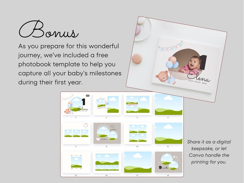 May include: A photobook template with a blue, green and white colour scheme. The template features a baby in a hot air balloon with a teddy bear. The text "Elena Your First Year" is on the cover. The template includes 9 pages with different layouts for photos.