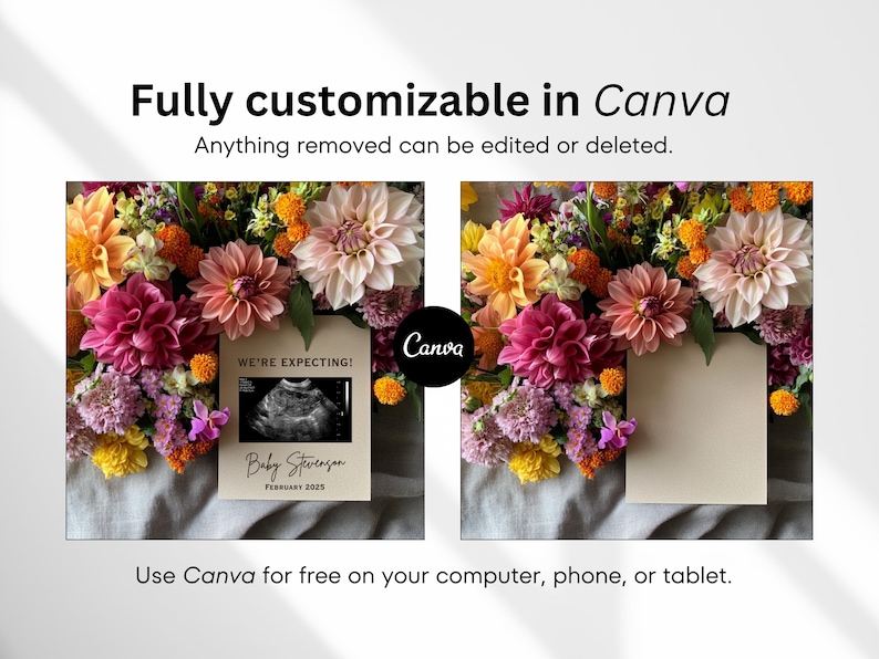 May include: A printable announcement card with a floral background and the text "We're Expecting! Baby Stevenson February 2023". The card is customizable in Canva.