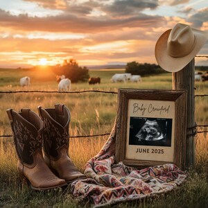 Annuncio di gravidanza occidentale Annuncio di nascita di un cowboy digitale Modello modificabile per i social media Annuncio di gravidanza in fattoria di campagna