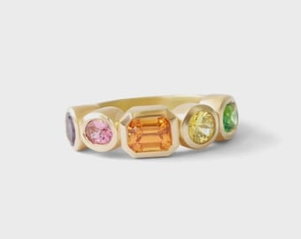 Chunky Multi Stone Ring: 18k Solid Gold Rainbow Gemstone Band