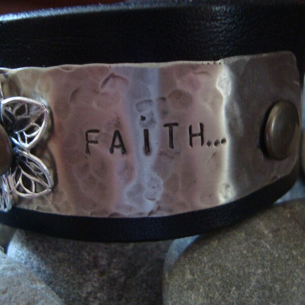 Leather Cuff with Hand Forge Metal "FAITH"