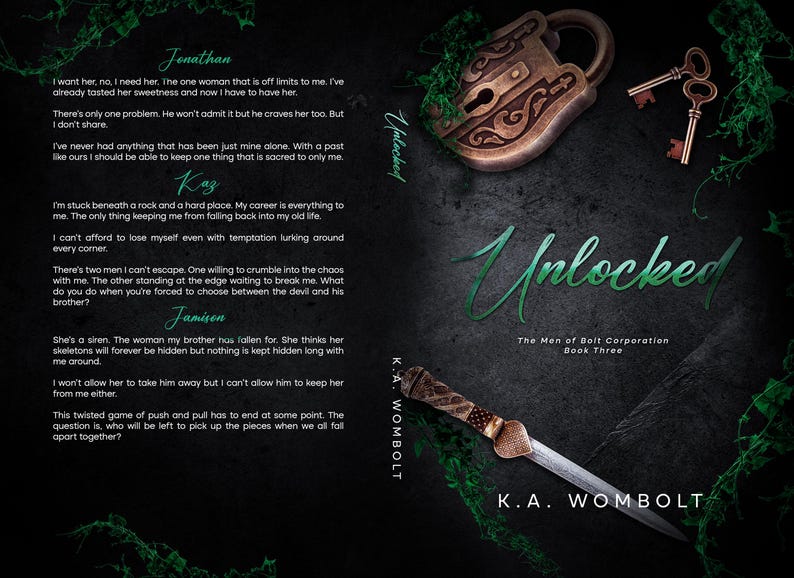 May include: Book cover for "Unlocked" by K.A. Wombolt, featuring a padlock, keys, and a dagger. The title is in green script, with the author's name at the bottom. The cover has a dark, textured background.