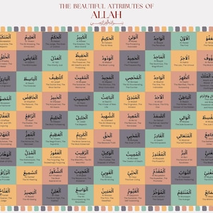 Pode incluir: Um gráfico colorido com os 99 belos atributos de Allah em escrita árabe, com suas traduções e interpretações em inglês. O gráfico está sobre um fundo branco com bordas florais.