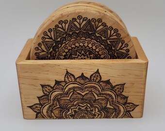 Wood burned coasters || Mandala pattern || set of 6 coasters with case