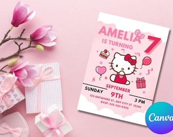 Editable Kitty Birthday Invitation, Kitty Digital Birthday Template,  Cute Pink Birthday Theme