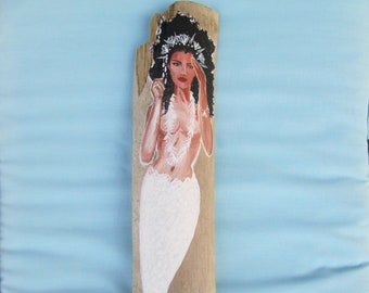 Beautiful Mermaid Hand painted on driftwood, mermaid wall art, mermaid Bathroom decor, black mermaid, white beach decor