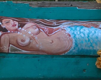 Mermaid on driftwood, Horizontal, original Mermaid Painting, large 20 x5 inches, topless or with top, sexy mermaid