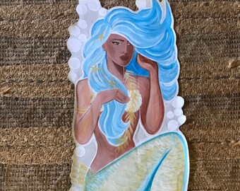 Large mermaid decal for walls doors or mirrors, unique hand painted tiki mermaid decor, 4 feet