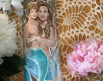 PORTRAIT Mermaid Mother and child hand painted on driftwood, realistic painting, custom colors, personalized gifts for mom