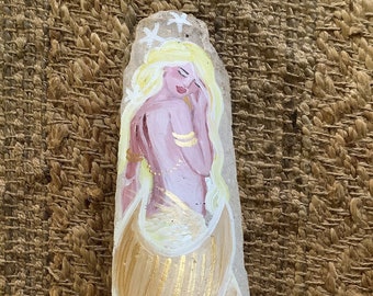 Beautiful mermaid, hand painted on driftwood, blonde , brunette, red hair, ribbon hanger, 15 x 4 inches