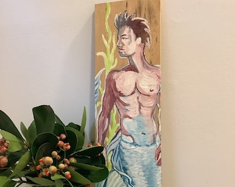 Original Hand Painted Fantasy Merman / Merbro on reclaimed wood, nautical decor, custom colors available