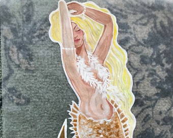 Beautiful Blonde golden tail mermaid decal sticker, bathroom decor, wall decor, festive decor, hand painted, vinyl, 14x 6 inches