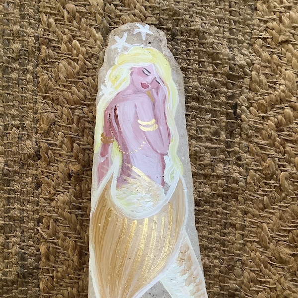 Beautiful mermaid, hand painted on driftwood, blonde , brunette, red hair, ribbon hanger, 15 x 4 inches