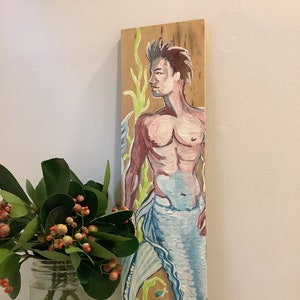 Original Hand Painted Fantasy Merman / Merbro on reclaimed wood, nautical decor, custom colors available