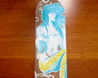 Original hand painted mermaid on driftwood, 15x4 inches , aqua and yellow, custom color, mermaid decal, mermaid sticker