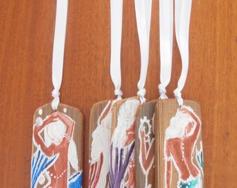 Mermaids ornaments, unique gift tags, hand painted mermaids on wood, Christmas tree decor, set of five