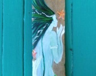 Beautiful Mermaid with starfish and coral hand painted on driftwood,  mermaid wall decor,  mermaid bathroom decor