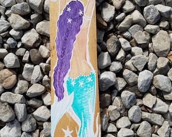 Beautiful mermaid with Aqua, green or dark blue tail, painted on wood, Mermaid Decor, Bathroom Decor, 15 x 4inches