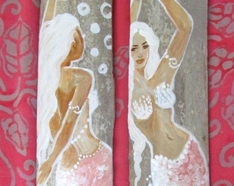 Afro-Caribbean mermaids - Hand Painted Drift wood- Bathroom decor- mermaid pin up