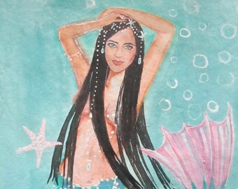 PORTRAIT Mermaid on Canvas, ADULT, hand painted custom colors, 12 x 16 inches, unframed,  beach bride,  gift ideas, birthday gift
