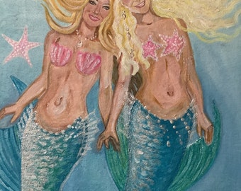 TWO PORTRAIT MERMAIDS Hand Painted on Canvas,  custom colors, 12 x 16 inches, unframed,  beach bride,  gift ideas, birthday gift