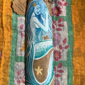 Hand Painted Mermaid Wall Art, Aqua Blue, Beach Driftwood