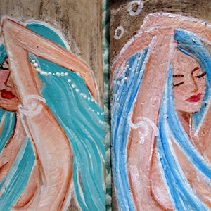 Set of two Mermaids, hand painted mermaids on wood, aqua green Wall decor, bathroom decor