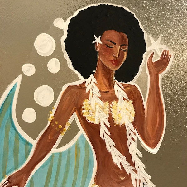 Beautiful black mermaid with afro, blue and gold tail, sticker decal, mermaid bathroom, beach house decor, 13 x 8 inches