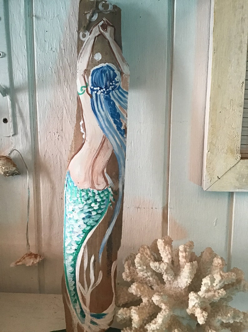 Beautiful mermaid, hand painted on driftwood, blonde , brunette, red hair, ribbon hanger, 15 x 4 inches image 2