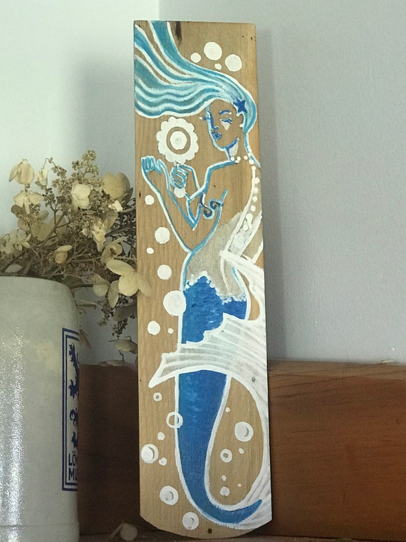 Hand Painted Mermaid Art on Wood, Coastal Wall Decor (14x4)