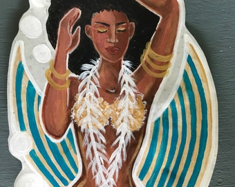 Mermaid with Afro, blue and gold, Black mermaid sticker decal hand painted mermaid,  home decor,  14 x 6 inches