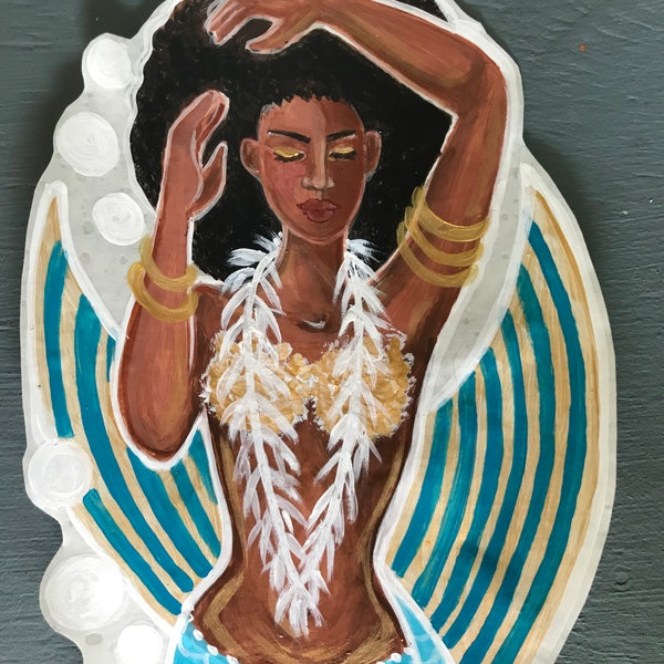 Mermaid with Afro, blue and gold, Black mermaid sticker decal hand painted mermaid,  home decor,  14 x 6 inches