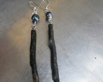 Natural Black Coral Earrings with Fresh Water Pearls, on sterling silver, minimalist hand made jewelry