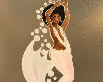 Beautiful afro caribbean African American mermaid, decal sticker for mermaid bathroom beach house decor, 14x6 inches,