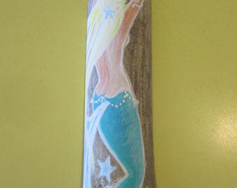 Mermaid painting, hand painted on  recycled wood, hanging mermaid wall art, personalized coastal home decor, 15 x 4inches