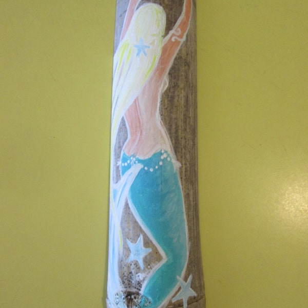 Mermaid painting, hand painted on  recycled wood, hanging mermaid wall art, personalized coastal home decor, 15 x 4inches