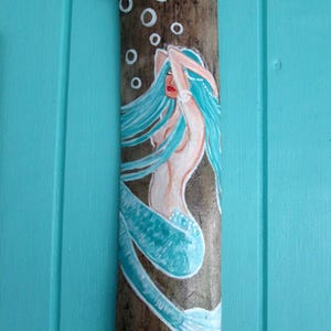 Aqua/Blue Original Mermaid painting on rdriftwood- beach house decor - mermaid decor