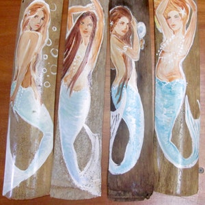 Hand Painted Mermaid Wall Art on Driftwood, Custom Color