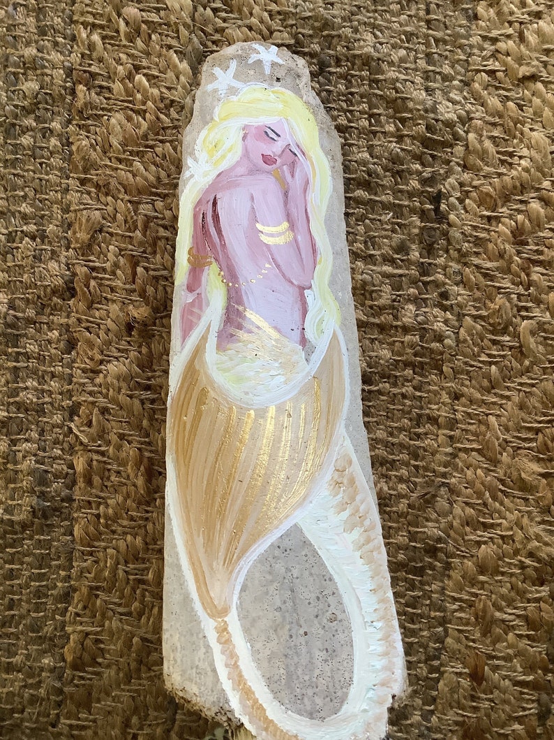 Beautiful mermaid, hand painted on driftwood, blonde , brunette, red hair, ribbon hanger, 15 x 4 inches image 1