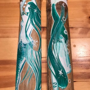 Set of two beautiful Emerald green mermaids hand painted on driftwood, mermaid decor, bathroom decor, SALE