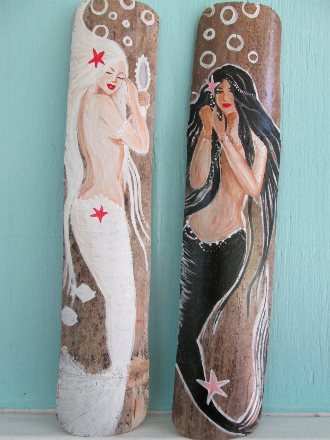 Mermaid Wall Art Hand Painted on Driftwood, Bathroom Decor, Set of Two ...