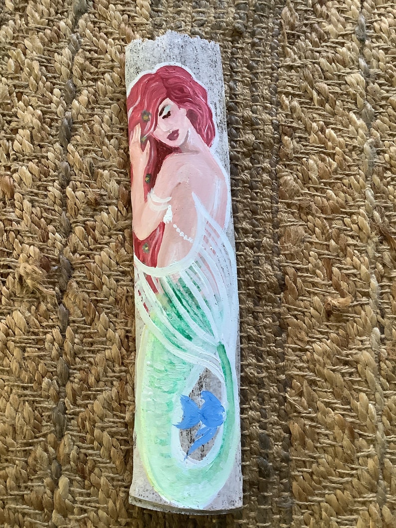 Beautiful mermaid, hand painted on driftwood, blonde , brunette, red hair, ribbon hanger, 15 x 4 inches image 3