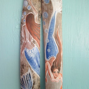 Swimming mermaids Hand Painted Mermaids on Driftwood Coastal Wall Art Wood Mermaid Wall Hanging Coastal Mermaid Wall Art Beach Home Decor