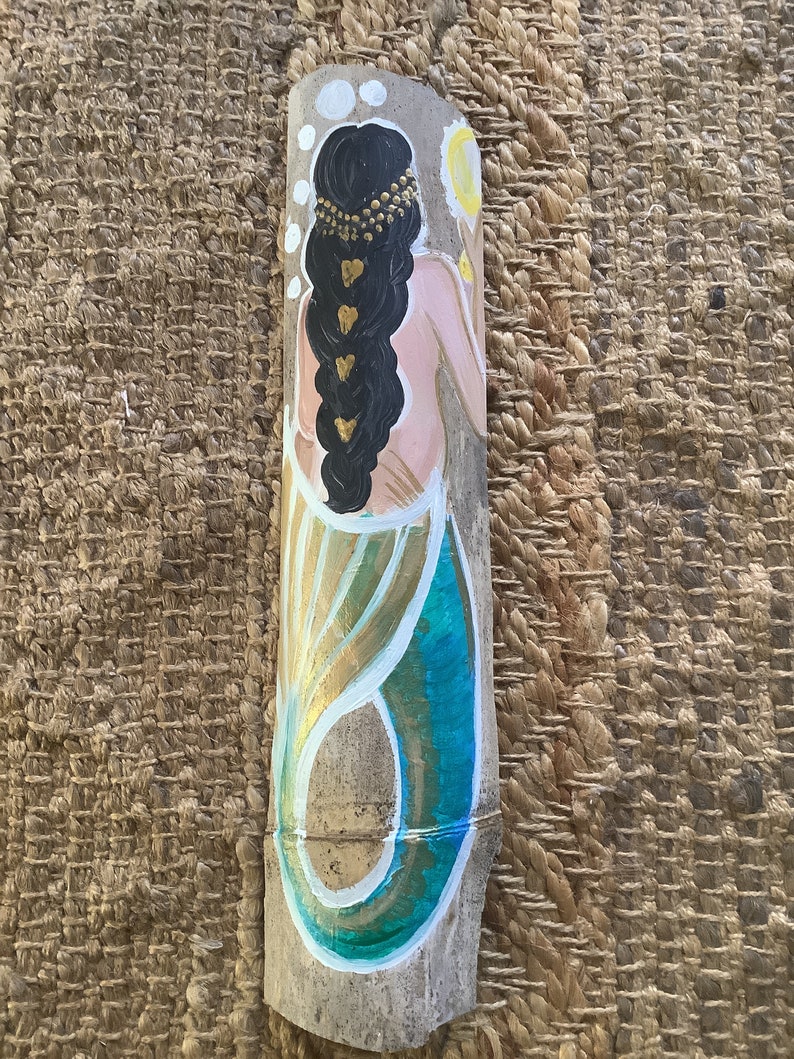 Beautiful mermaid, hand painted on driftwood, blonde , brunette, red hair, ribbon hanger, 15 x 4 inches image 4